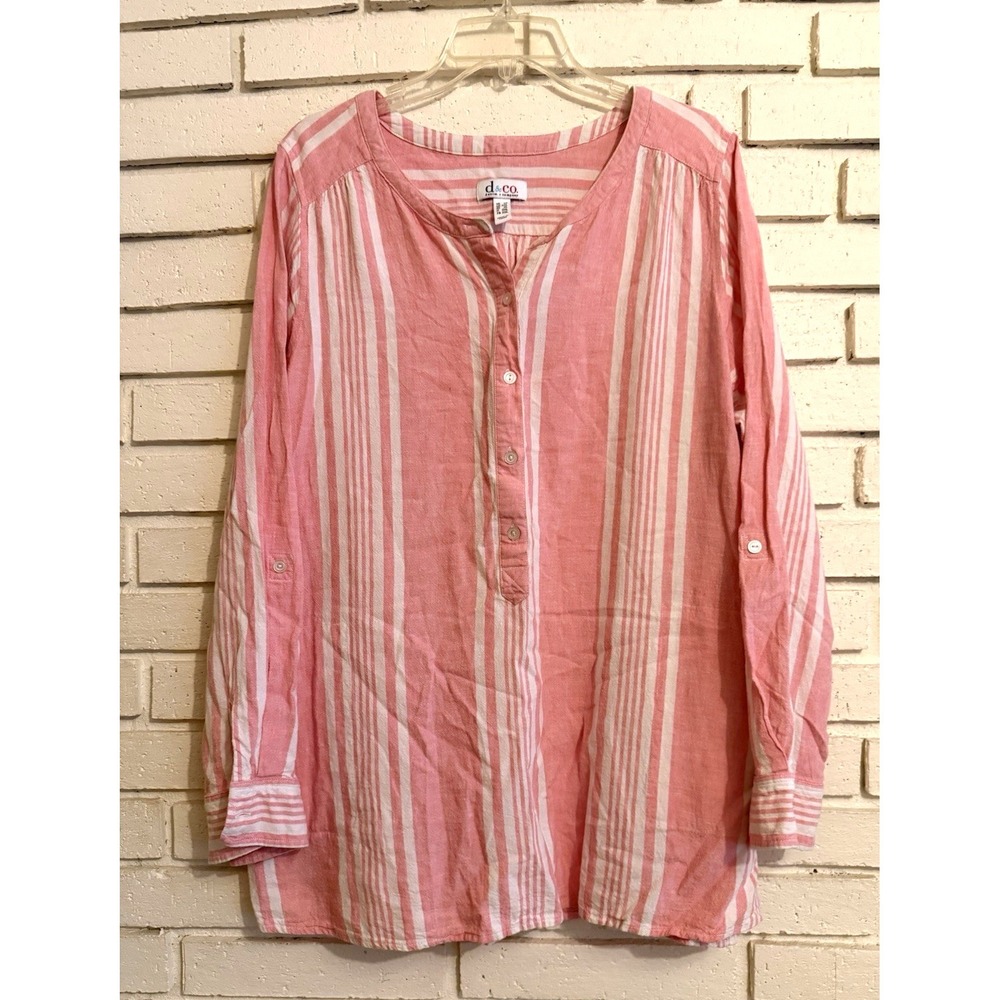 Denim &‎ Co. Striped Yarn Dyed Woven Linen Blend Top Size 1X Pink White
